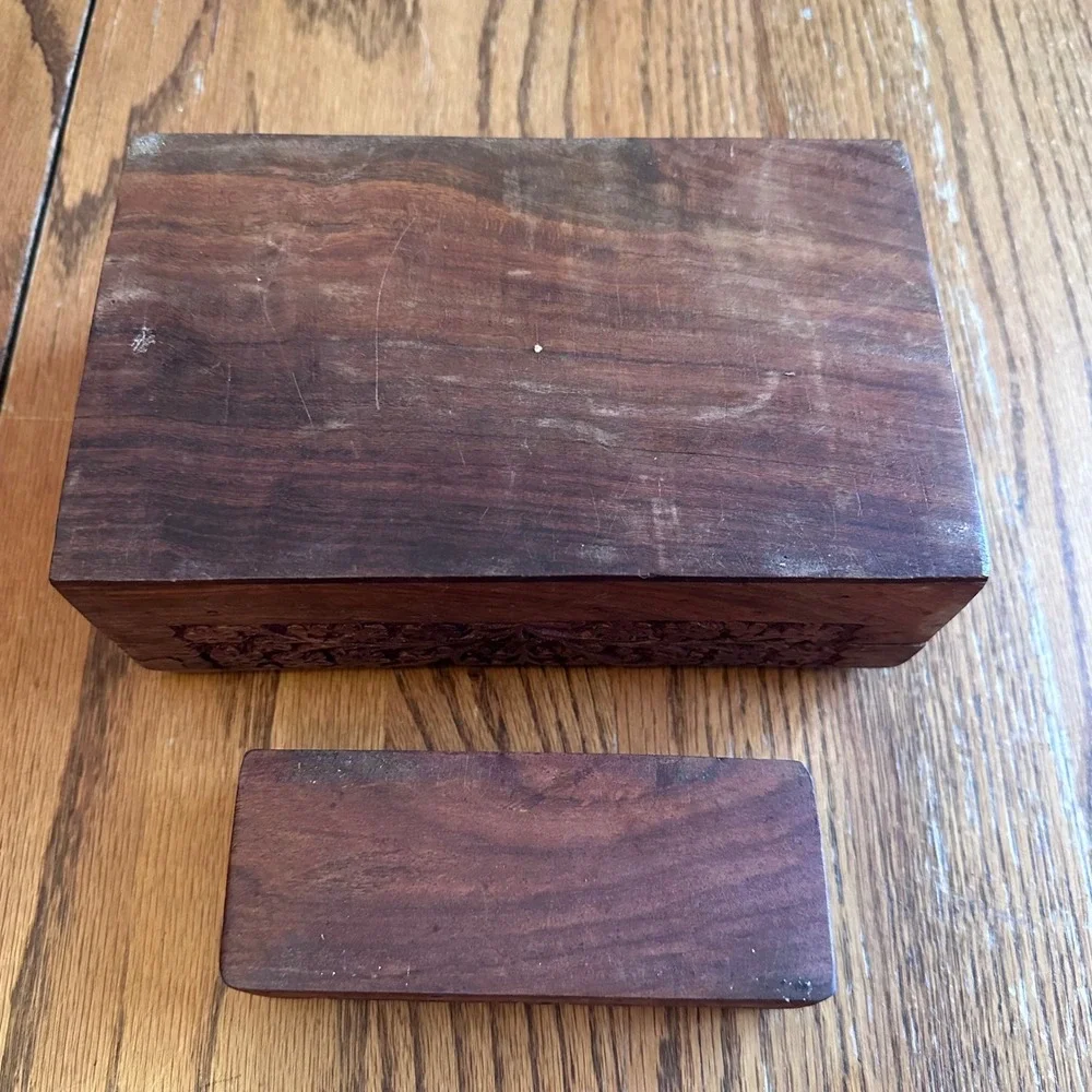 Hand Carved Wood Trinket Box Set 2pc Brown Floral Vine Decor